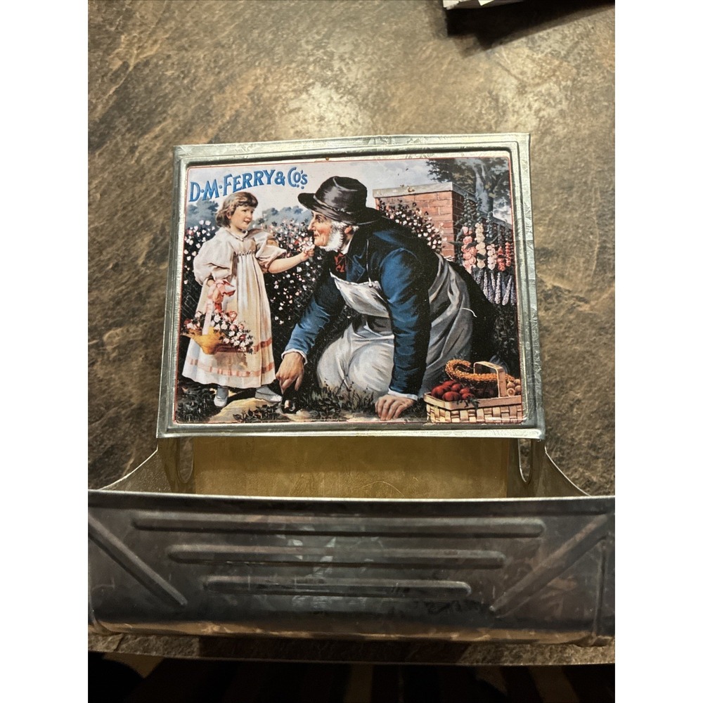 Vtg D. M. Ferry & Co's Tin Burpee Seed Container with Insert Family Scene
